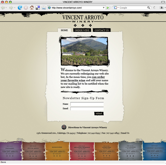 Vincent Arroyo Winery, Splash Page